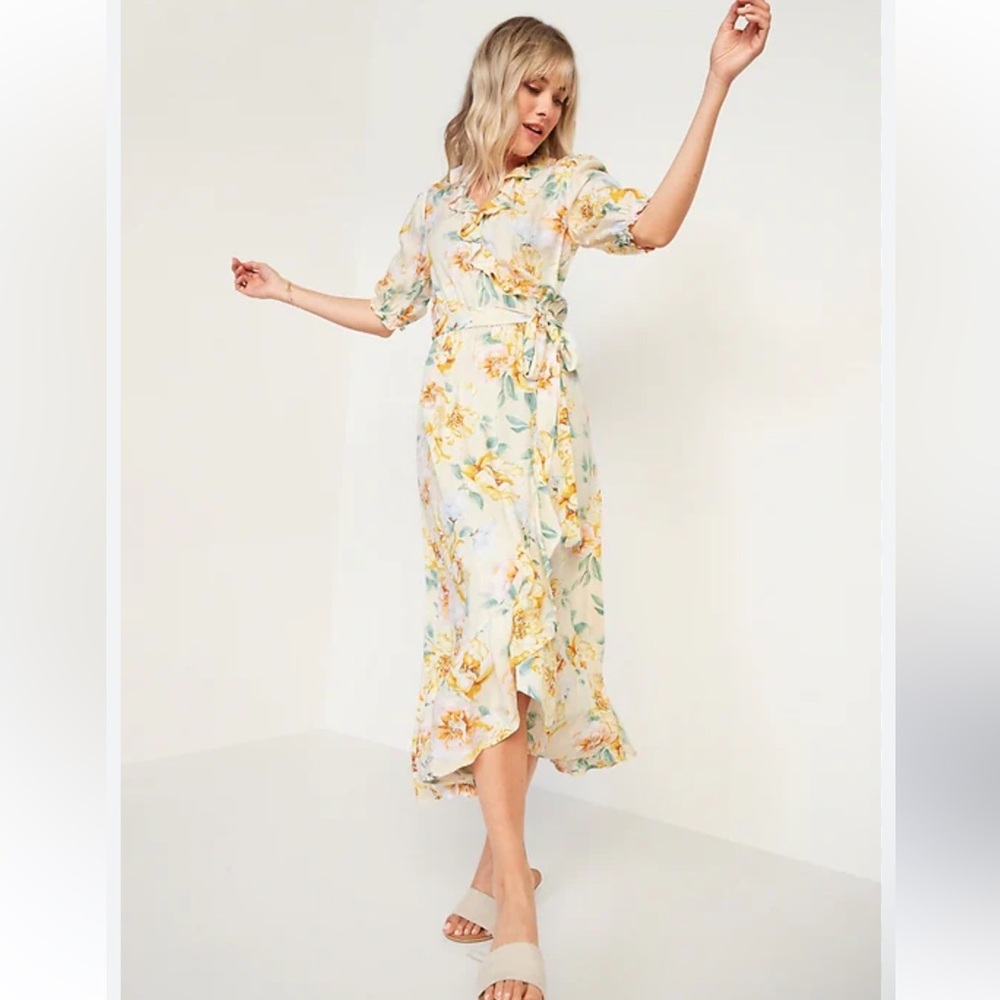 NWT S Old Navy Sun Yellow Pink Floral Ruffled Tie-Belt Midi Wrap Dress